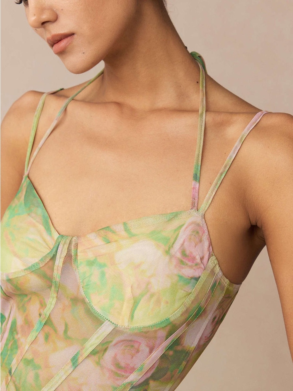 NWT Floral Fairycore Green Pink Mesh Ruched Maxi Dress - Picture 2 of 12